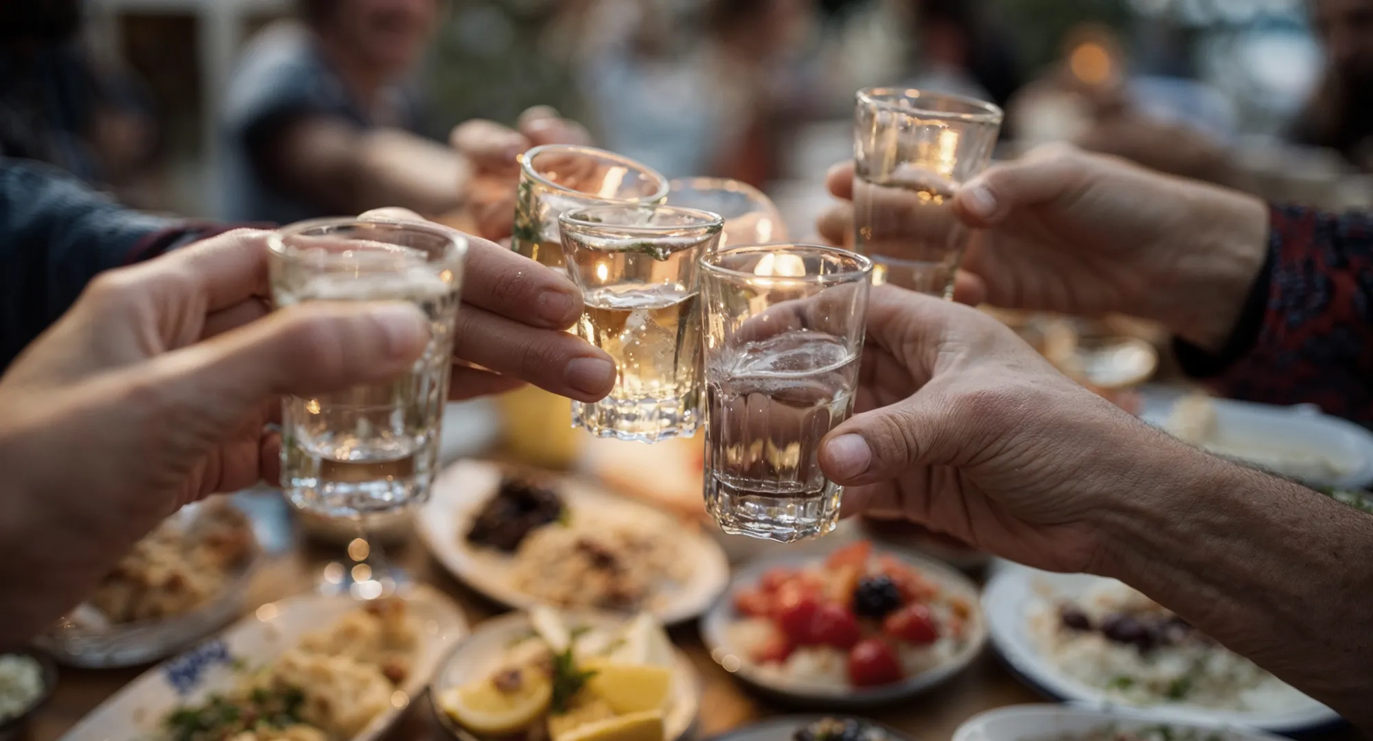 Ελληνικό γεύμα με παρέα με πολλά πιάτα, μεζέδες κι αποστάγματα